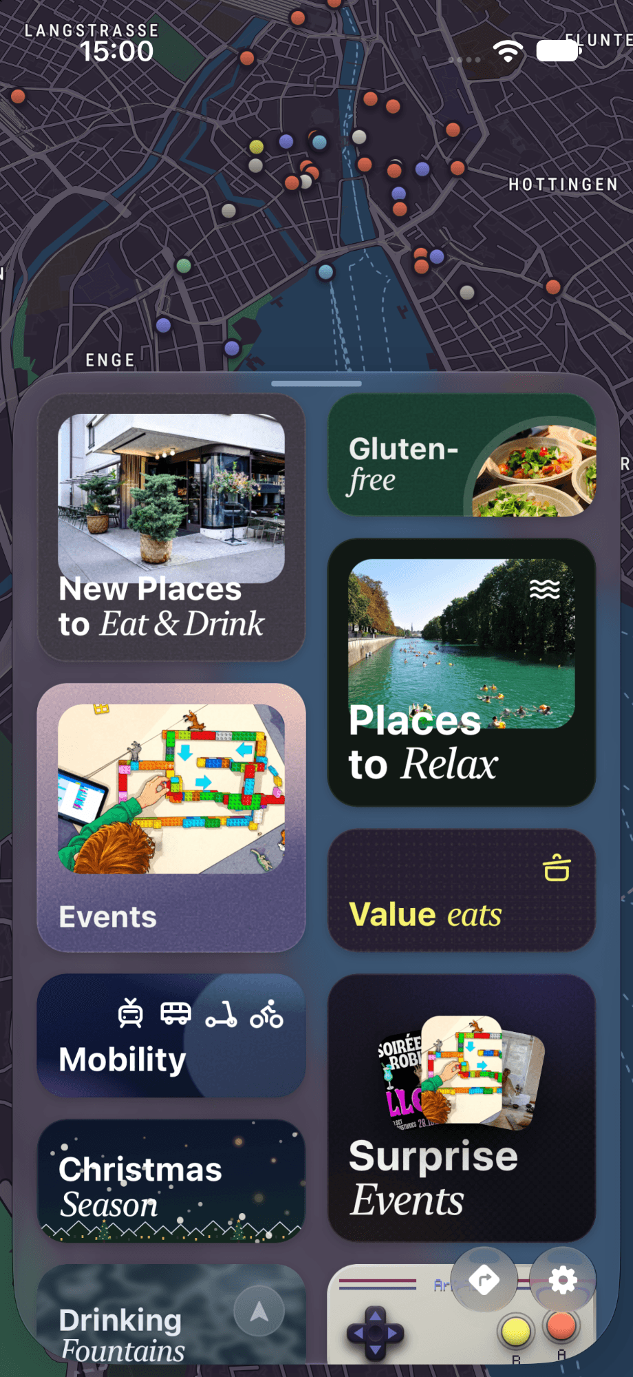 Everything in one place in Ari: a Zürich map in dark mode with new places to eat and drink, places to relax, events, value eats, mobility and surprise events.