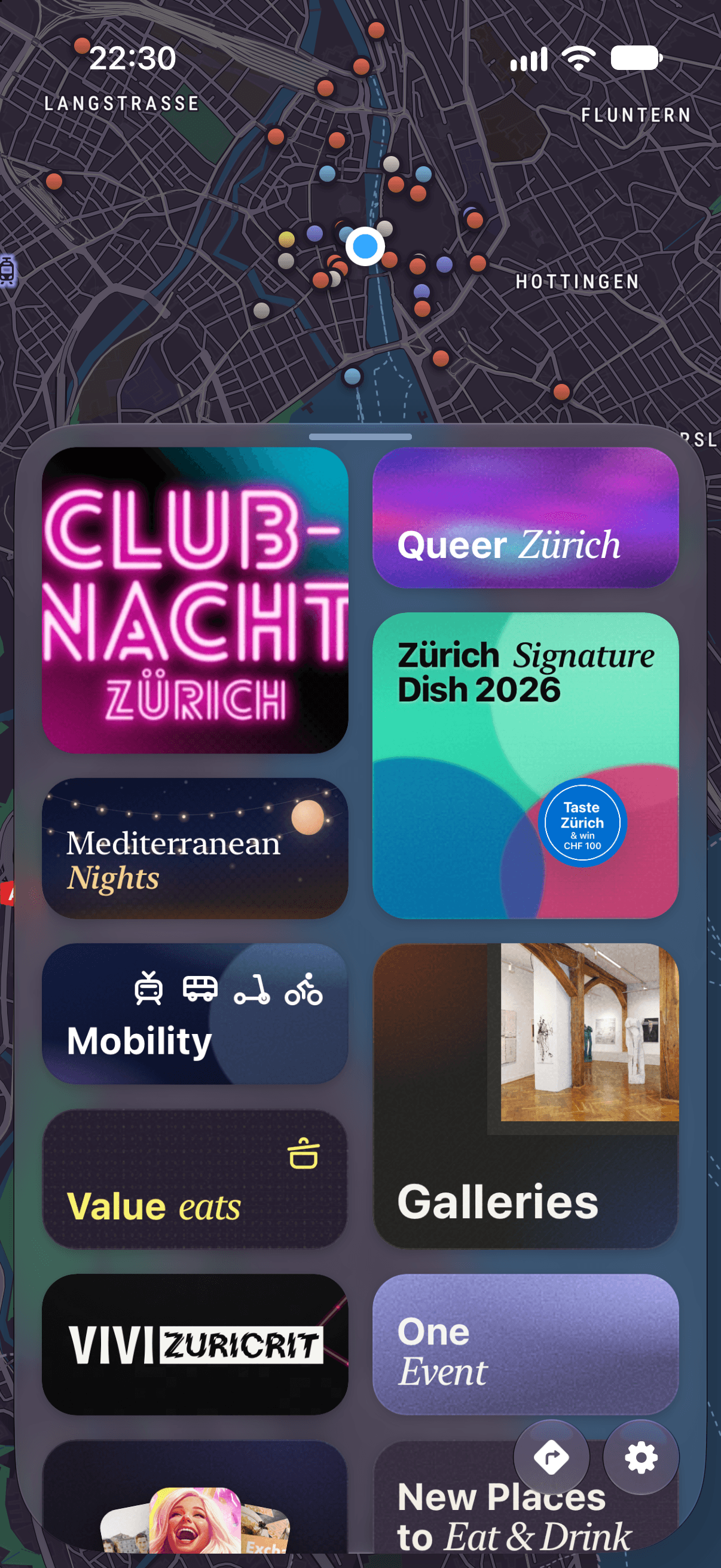 Ari for a night out: Clubnacht Zürich, Queer Zürich, the Zürich Signature Dish, Mediterranean Nights, mobility, galleries and value eats on one screen.