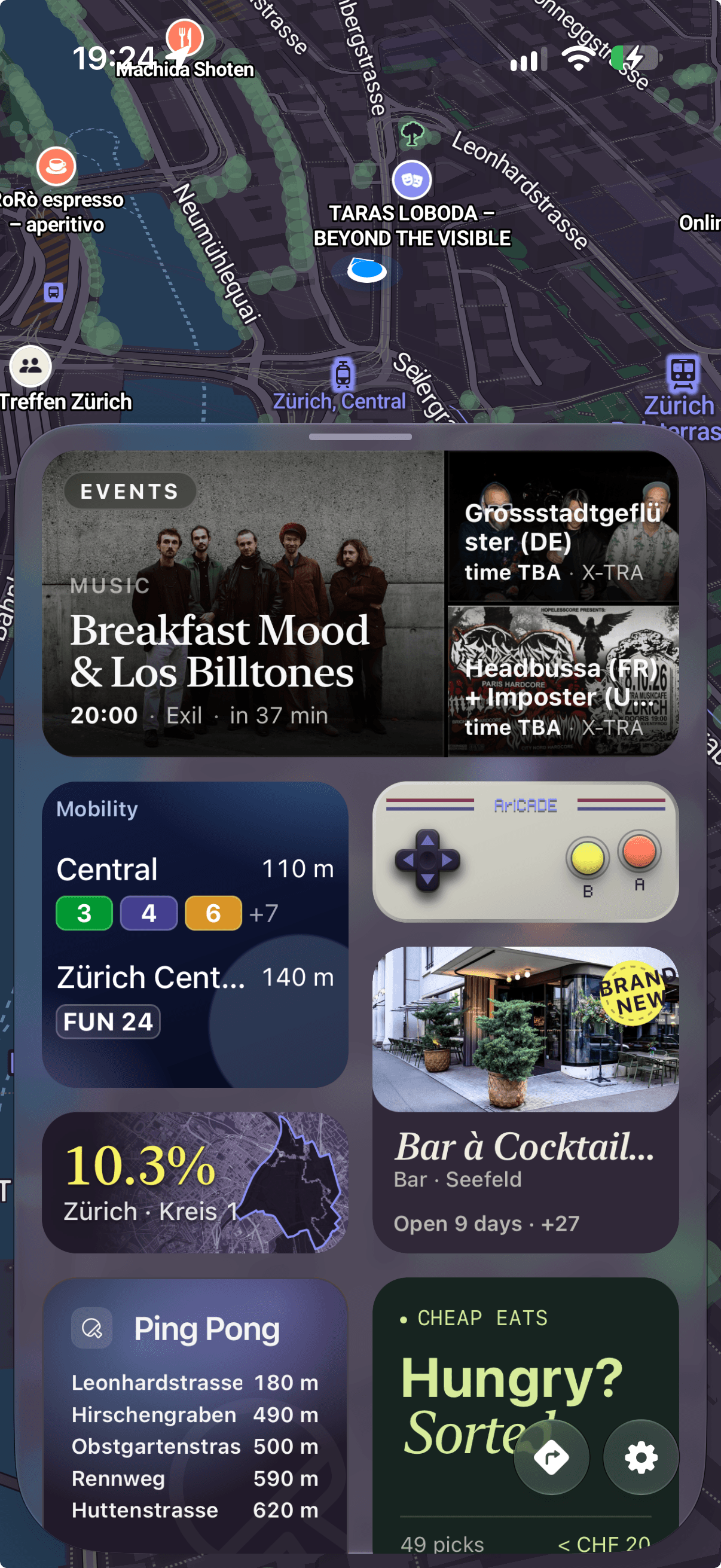 Everything in one place in Ari: a Zürich map in dark mode with live music, transport at Central, new bars, ping pong and cheap eats.